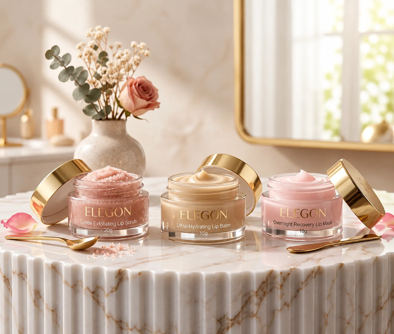 Elegon lip scrub, lip balm and lip mask on a marble table