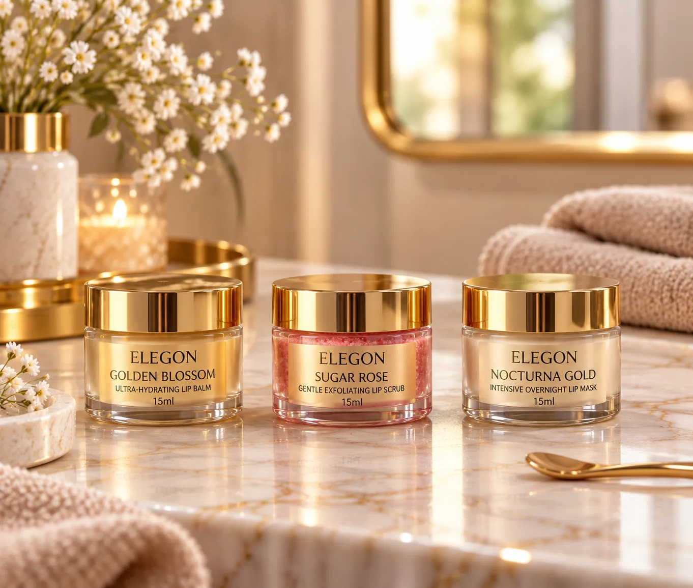 Elegon Golden Blossom lip balm, Sugar Rose lip scrub and Nocturna Gold lip mask